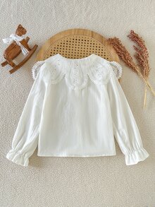 SHEIN 女童優雅刺繡蕾絲花瓣領公主風長袖鈕扣單排扣休閒時尚襯衫，適合校園、度假、旅行、生日派對場合 - 白色 - 查看 2
