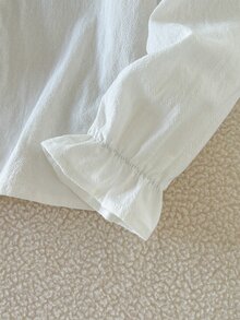 SHEIN 女童優雅刺繡蕾絲花瓣領公主風長袖鈕扣單排扣休閒時尚襯衫，適合校園、度假、旅行、生日派對場合 - 白色 - 查看 7