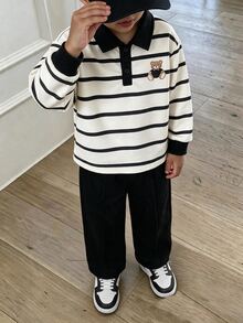 SHEIN Playful Pals 男童春秋條紋衛衣仿刺繡可愛熊圖案，戒童風格，翻領長袖套頭上衣黑色長褲套裝 - 彩色 - 查看 4