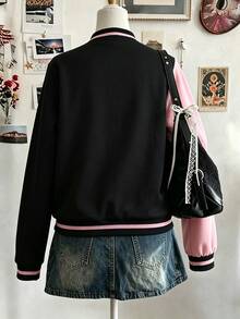 Teen Girl Autumn/Winter Casual Colorblock Patchwork Jacket - Black - View 2