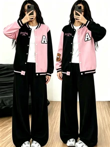 Teen Girl Autumn/Winter Casual Colorblock Patchwork Jacket - Black - View 3