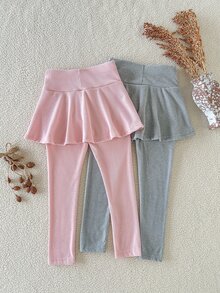 SHEIN 2件組女童幼兒彈性腰高彈力柔軟布料保暖內裡羅紋荷葉邊設計愛心印花緊身褲長褲休閒可愛時尚優雅韓風粉灰色保暖內裡緊身褲，適合秋冬日常穿著或室內場合百搭 - 彩色 - 查看 2