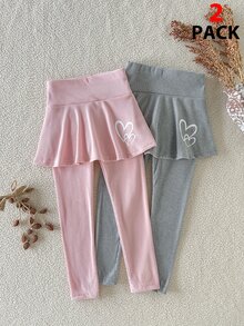 SHEIN 2件組女童幼兒彈性腰高彈力柔軟布料保暖內裡羅紋荷葉邊設計愛心印花緊身褲長褲休閒可愛時尚優雅韓風粉灰色保暖內裡緊身褲，適合秋冬日常穿著或室內場合百搭 - 彩色 - 查看 3