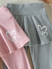 SHEIN 2件組女童幼兒彈性腰高彈力柔軟布料保暖內裡羅紋荷葉邊設計愛心印花緊身褲長褲休閒可愛時尚優雅韓風粉灰色保暖內裡緊身褲，適合秋冬日常穿著或室內場合百搭 - 彩色 - 查看 6