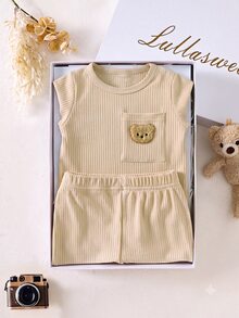 SHEIN Newborn Rib-Knit Long Sleeve Top Pants Set Cartoon Bear Pocket Chocolate Brown Pullover Infant Toddler Outfit Autumn And Winter Family Matching - Khaki - View 6