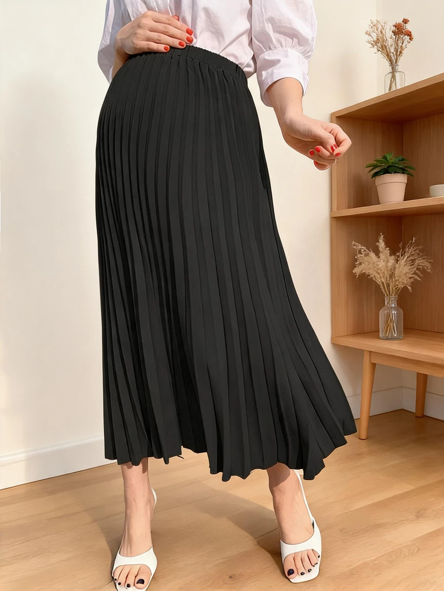 Dazy Maternity Solid Color Elastic Waist Pleated Long Skirt Elegant Casual Vacation Spring Autumn Maternity Skirt - Black - View 1
