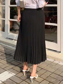 Dazy Maternity Solid Color Elastic Waist Pleated Long Skirt Elegant Casual Vacation Spring Autumn Maternity Skirt - Black - View 2