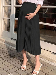 Dazy Maternity Solid Color Elastic Waist Pleated Long Skirt Elegant Casual Vacation Spring Autumn Maternity Skirt - Black - View 6