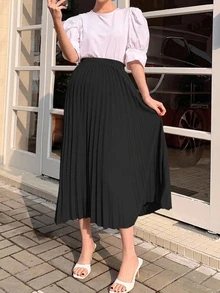Dazy Maternity Solid Color Elastic Waist Pleated Long Skirt Elegant Casual Vacation Spring Autumn Maternity Skirt - Black - View 5