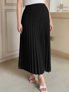Dazy Maternity Solid Color Elastic Waist Pleated Long Skirt Elegant Casual Vacation Spring Autumn Maternity Skirt - Black - View 3