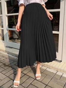 Dazy Maternity Solid Color Elastic Waist Pleated Long Skirt Elegant Casual Vacation Spring Autumn Maternity Skirt - Black - View 4