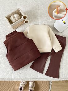 SHEIN 女嬰秋季3件套，蝴蝶結印花燈芯絨加厚背心、衛衣與鬆緊腰長褲，柔軟大地棕色，簡約可愛秋季穿搭，尺寸6個月至3歲，適合親子搭配 - 彩色 - 查看 3