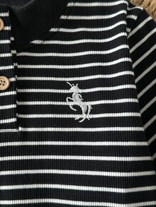 SHEIN 男孩兩件式休閒套裝，條紋亨利領套頭衛衣與長褲，適合返校季學院風 - 黑色 - 查看 8