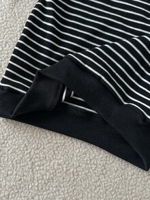 SHEIN 男孩兩件式休閒套裝，條紋亨利領套頭衛衣與長褲，適合返校季學院風 - 黑色 - 查看 6