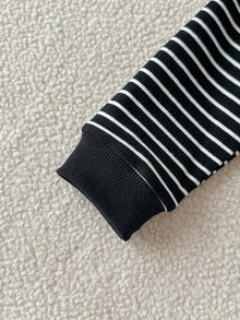 SHEIN 男孩兩件式休閒套裝，條紋亨利領套頭衛衣與長褲，適合返校季學院風 - 黑色 - 查看 7