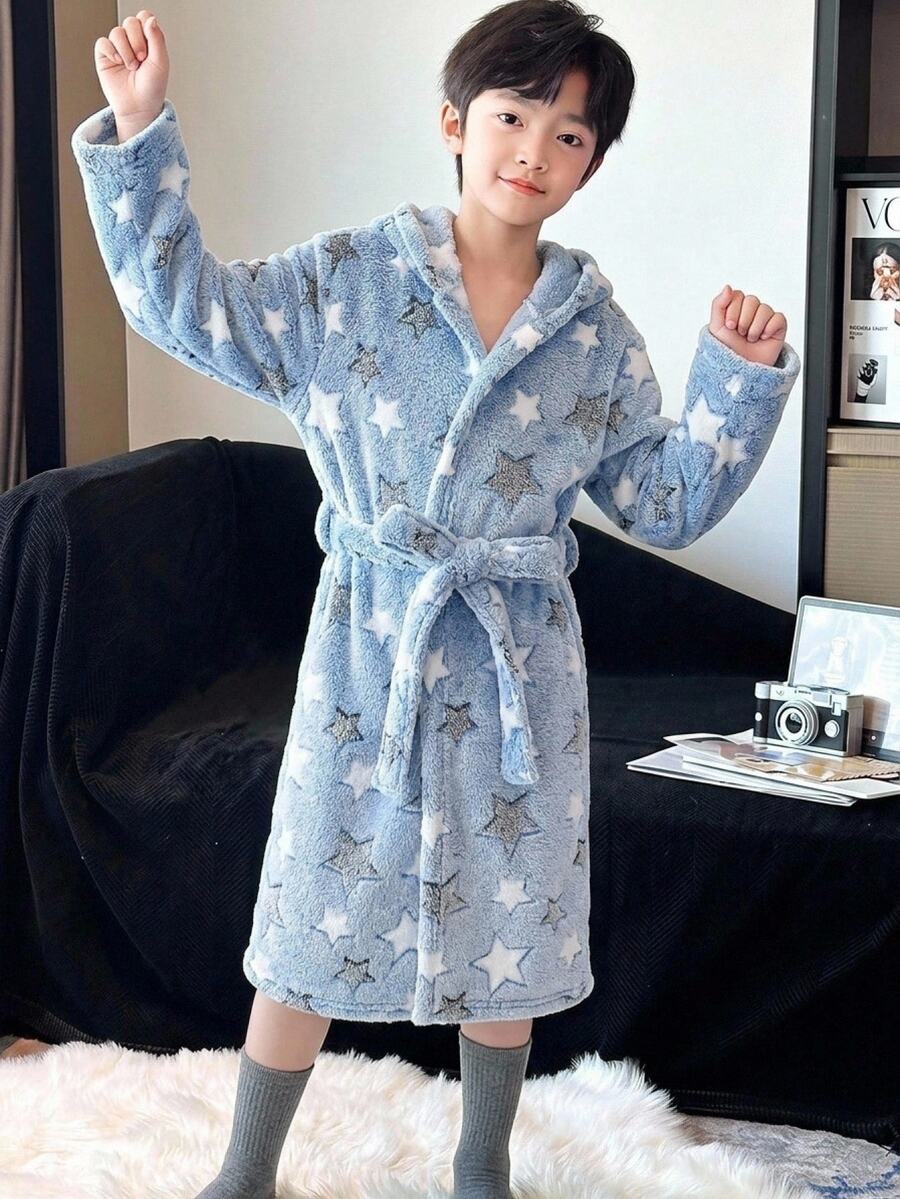 SHEIN Boys' Autumn/Winter Star Print Kids Plush Pajama Set, Versatile Minimalist Comfortable Sleepwear - Multicolor - View 1
