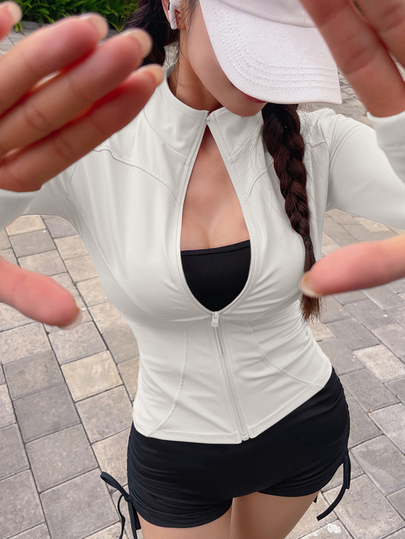 DAZY Jaket Wanita Lengan Panjang Pas Badan dengan Kerah Tinggi Elastis Warna Polos, Pakaian Olahraga & Kasual, Musim Semi/Gugur
