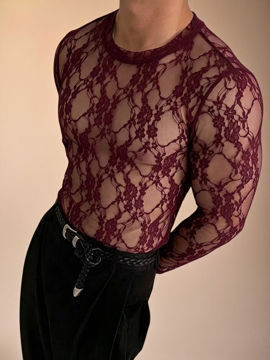 ZURIURI Men's Elegant Casual Lace Sheer Long Sleeve T-Shirt - Burgundy - View 1