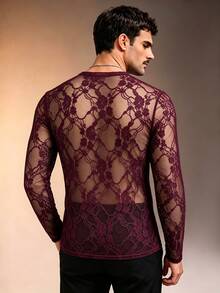 ZURIURI Men's Elegant Casual Lace Sheer Long Sleeve T-Shirt - Burgundy - View 2