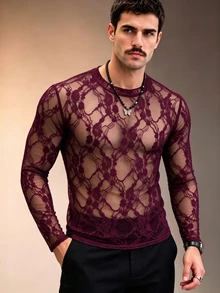 ZURIURI Men's Elegant Casual Lace Sheer Long Sleeve T-Shirt - Burgundy - View 3