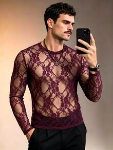ZURIURI Men's Elegant Casual Lace Sheer Long Sleeve T-Shirt - Burgundy - View 4