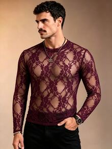 ZURIURI Men's Elegant Casual Lace Sheer Long Sleeve T-Shirt - Burgundy - View 7