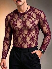 ZURIURI Men's Elegant Casual Lace Sheer Long Sleeve T-Shirt - Burgundy - View 5