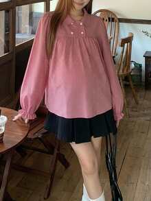 Dazy Maternity Plaid Loose Long Sleeve Pullover Doll Blouse Puff Sleeve Casual Vacation Korean Style Spring Autumn Top Maternity T-Shirt - Red - View 6