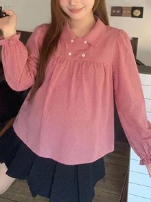 Dazy Maternity Plaid Loose Long Sleeve Pullover Doll Blouse Puff Sleeve Casual Vacation Korean Style Spring Autumn Top Maternity T-Shirt - Red - View 3
