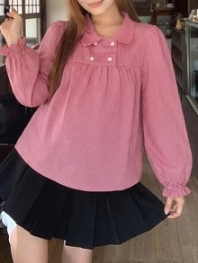 Dazy Maternity Plaid Loose Long Sleeve Pullover Doll Blouse Puff Sleeve Casual Vacation Korean Style Spring Autumn Top Maternity T-Shirt - Red - View 7