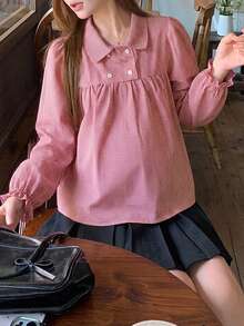 Dazy Maternity Plaid Loose Long Sleeve Pullover Doll Blouse Puff Sleeve Casual Vacation Korean Style Spring Autumn Top Maternity T-Shirt - Red - View 5