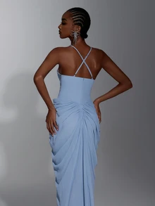 Elitara Elegant Romantic Luxury Light Blue Lace Contrast Mesh Mermaid Skirt, Pleated Design, Suitable For Wedding Party Celebration Formal Occasions Heavy Embellished Evening Gown - Baby Blue - View 7
