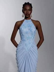 Elitara Elegant Romantic Luxury Light Blue Lace Contrast Mesh Mermaid Skirt, Pleated Design, Suitable For Wedding Party Celebration Formal Occasions Heavy Embellished Evening Gown - Baby Blue - View 6