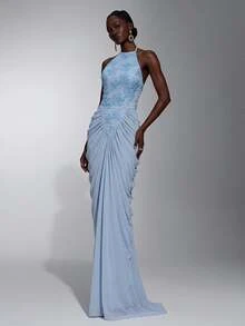 Elitara Elegant Romantic Luxury Light Blue Lace Contrast Mesh Mermaid Skirt, Pleated Design, Suitable For Wedding Party Celebration Formal Occasions Heavy Embellished Evening Gown - Baby Blue - View 3