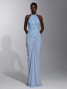 Elitara Elegant Romantic Luxury Light Blue Lace Contrast Mesh Mermaid Skirt, Pleated Design, Suitable For Wedding Party Celebration Formal Occasions Heavy Embellished Evening Gown - Baby Blue - View 1