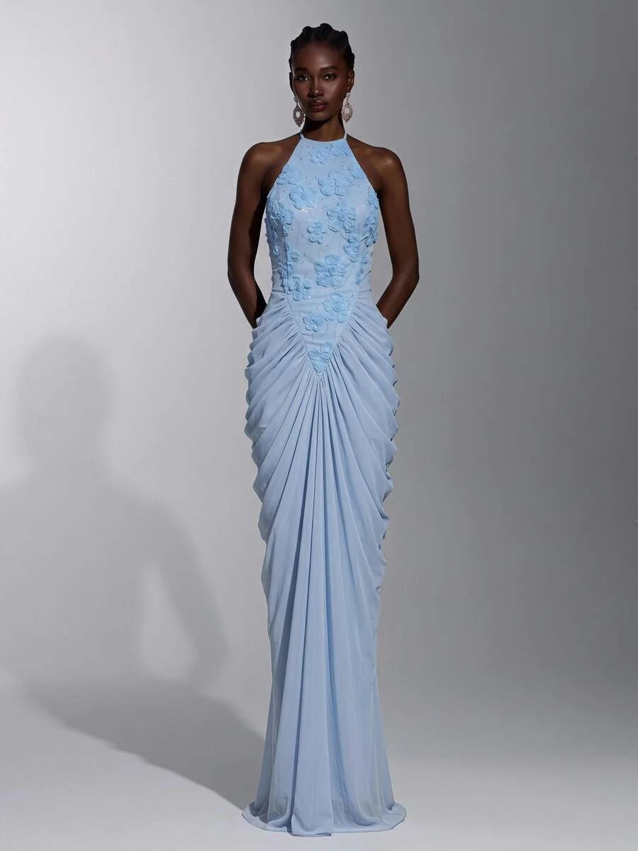 Elitara Elegant Romantic Luxury Light Blue Lace Contrast Mesh Mermaid Skirt, Pleated Design, Suitable For Wedding Party Celebration Formal Occasions Heavy Embellished Evening Gown - Baby Blue - View 1