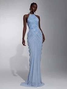 Elitara Elegant Romantic Luxury Light Blue Lace Contrast Mesh Mermaid Skirt, Pleated Design, Suitable For Wedding Party Celebration Formal Occasions Heavy Embellished Evening Gown - Baby Blue - View 5