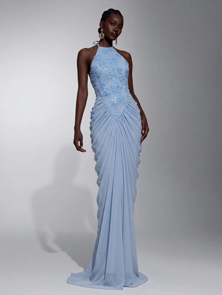 Elitara Gaun Malam Mewah Romantis Elegan dengan Rok Duyung Berenda Biru Muda dan Jala Kontras, Desain Berlipit, Cocok untuk Pesta Pernikahan, Perayaan, dan Acara Formal. - Baby Blue - View 1