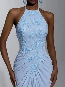 Elitara Elegant Romantic Luxury Light Blue Lace Contrast Mesh Mermaid Skirt, Pleated Design, Suitable For Wedding Party Celebration Formal Occasions Heavy Embellished Evening Gown - Baby Blue - View 4