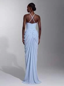 Elitara Elegant Romantic Luxury Light Blue Lace Contrast Mesh Mermaid Skirt, Pleated Design, Suitable For Wedding Party Celebration Formal Occasions Heavy Embellished Evening Gown - Baby Blue - View 2