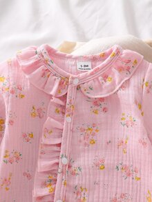 SHEIN 新生兒棉質皺褶布料粉嫩粉色碎花圖案荷葉領長袖秋季連身衣帽子套裝，適合家庭穿搭 - 淺粉色 - 查看 8