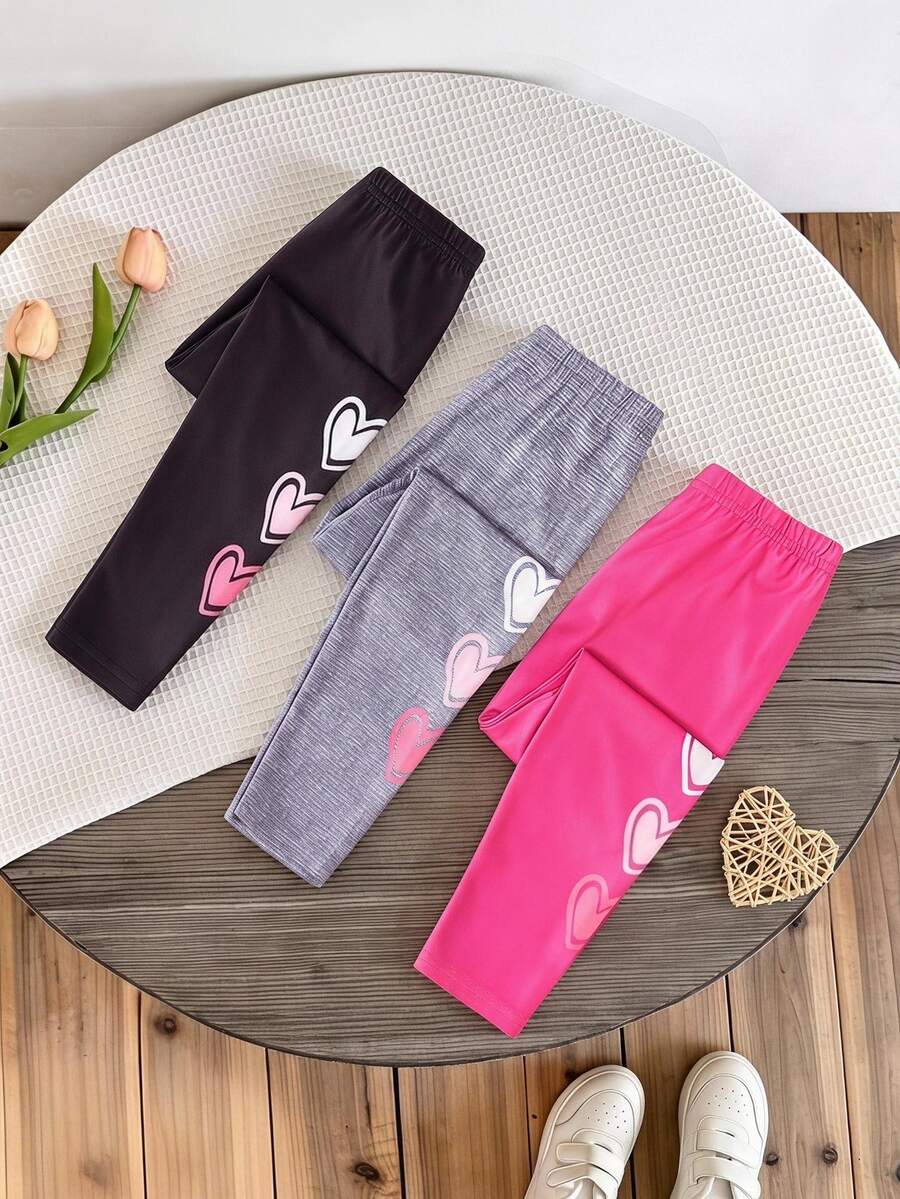 SHEIN 3pcs Young Girl' Simple Cute Versatile Solid Color Heart Pattern Print Base Layer Long Leggings Set, School, Campus, College Autumn Fall - Multicolor - View 1