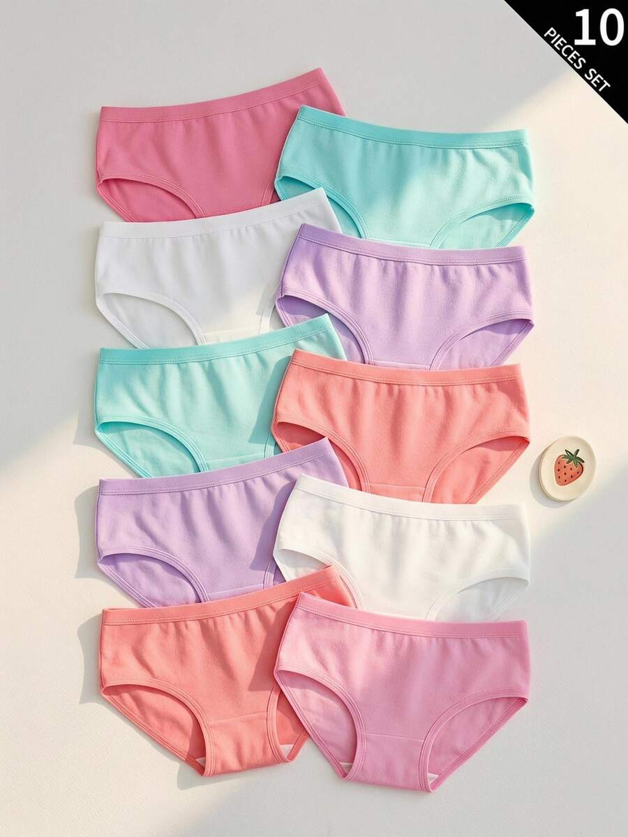 10pcs Girls Cute Solid Color Pink, Magenta, Purple, Green, White Printed Underwear Set Autumn Fall