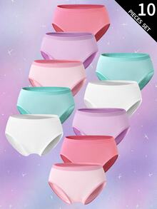 10pcs Girls Cute Solid Color Pink, Magenta, Purple, Green, White Printed Underwear Set Autumn Fall - Multicolor - View 4