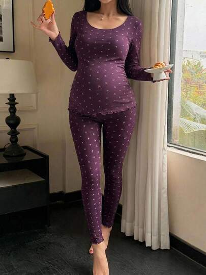 Dazy Maternity Ditsy Floral Round Neck Lace Trim Long Sleeve T-Shirt Slim Fit Elastic Waist Long Pants Casual Daily Home Wear Spring Autumn Maternity 2 Pieces Set
