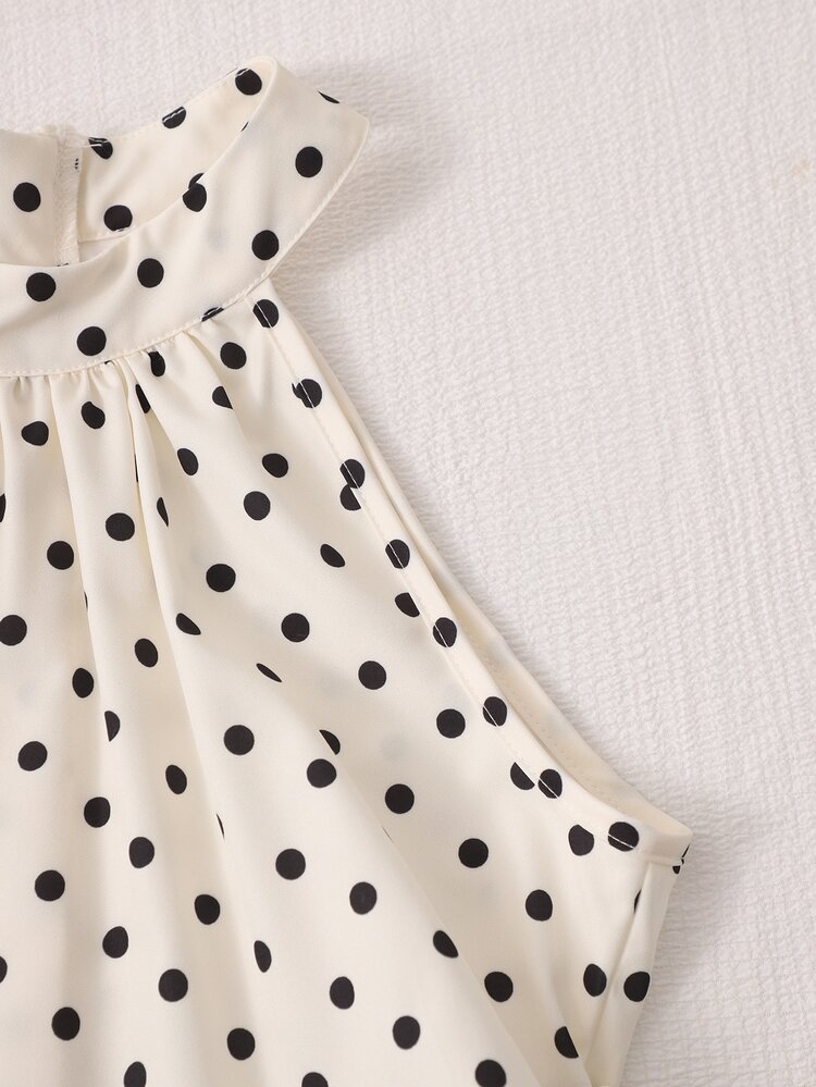 SHEIN 1pc Girls' Woven Digital Print Sleeveless Halter Neck Casual Cute Dress Polka Dot Pattern Back Invisible Zipper Waist-Cinching A-Line Skirt Vacation - Multicolor - View 5