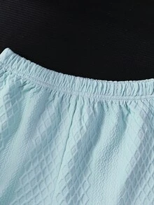 青少年男孩夏季米色與海軍藍休閒極簡提花拼色短袖上衣與短褲套裝，寬鬆版型，舒適，適合日常外出、學校活動、家庭聚會、戶外玩耍 - 藍色 - 查看 7