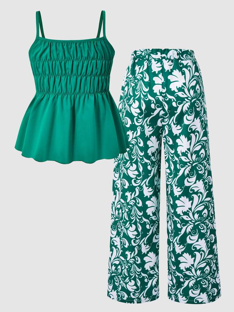 Girls 2pcs Emerald Green Green Pineapple Camisole Top And Straight Leg Pants Summer Vacation Style Outfit Holiday Casual Old Money - Multicolor - View 2