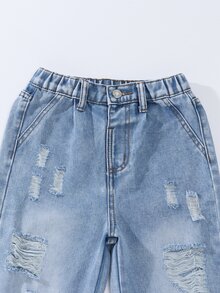 Tween Girls Baggy Ripped Jeans,Aqua Blue Distressed Wide Leg Denim Pants,Elastic Waistband Slim Fit Retro Streetwear Summer School Back-To-School - Light Wash - View 6