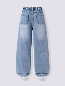 Tween Girls Baggy Ripped Jeans,Aqua Blue Distressed Wide Leg Denim Pants,Elastic Waistband Slim Fit Retro Streetwear Summer School Back-To-School - Light Wash - View 3
